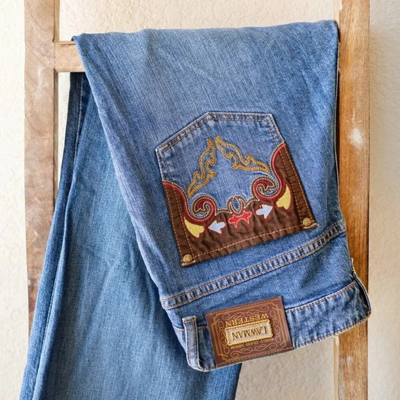 Vintage Lawman Jeans Sz 14/15 Western Bootcut Embroidered Gold Patchwork Arrows - Picture 4 of 12